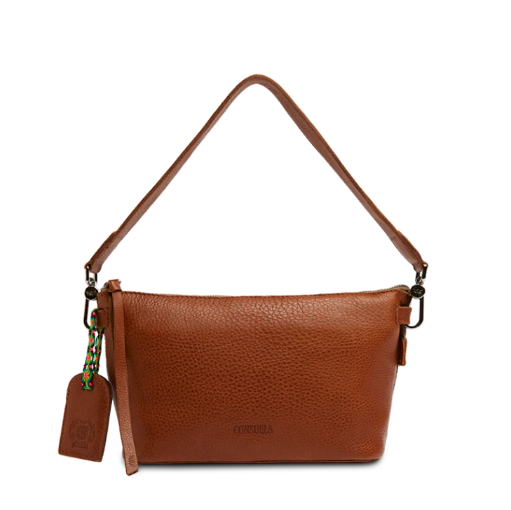 Brown leather handbag with a strap on a white background