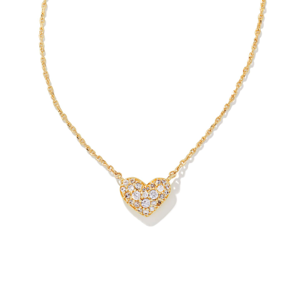 Gold necklace with a heart-shaped pendant on a white background