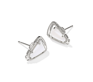 Pair of silver heart-shaped earrings on a white background