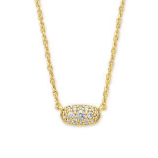 Gold necklace with a diamond-encrusted pendant on a white background