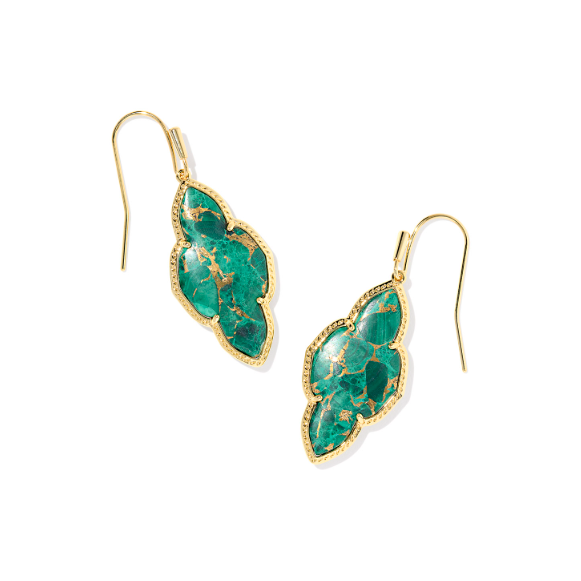 Pair of green marbled earrings with gold accents on a white background