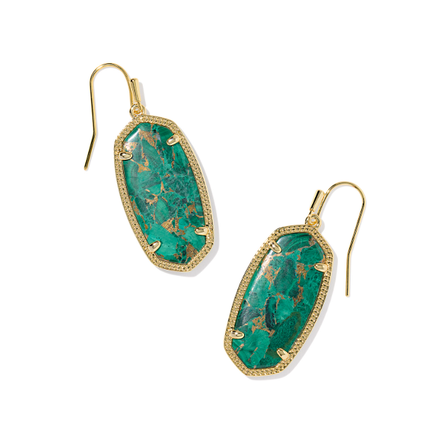 Gold-framed green stone earrings on a white background