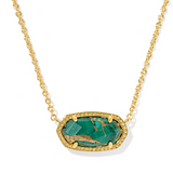 Gold necklace with a green stone pendant on a white background