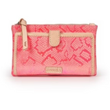 Pink wallet with gold accents on a white background
