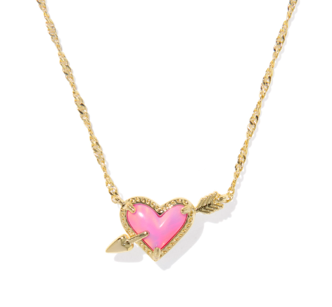 Necklace with a pink heart pendant and gold chain on a white background