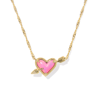 Necklace with a pink heart pendant and gold chain on a white background