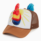 Cap with rooster design and yarn on a white background