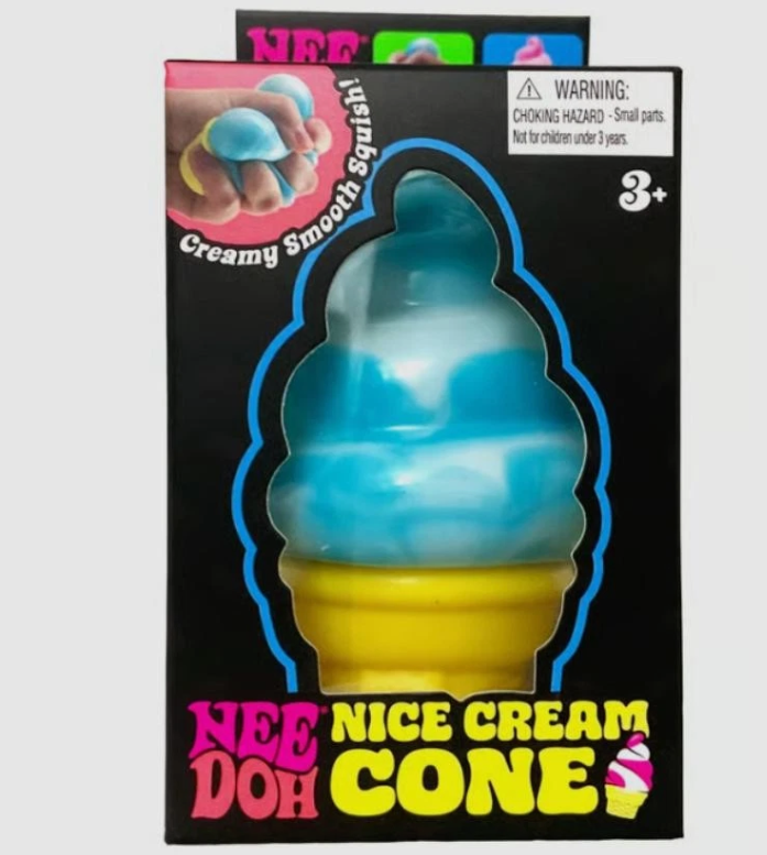 Toy ice cream cone with packaging labeled 'Nee Nice Cream Doh Cone' on a light gray background.