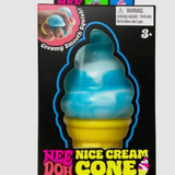 Toy ice cream cone with packaging labeled 'Nee Nice Cream Doh Cone' on a light gray background.