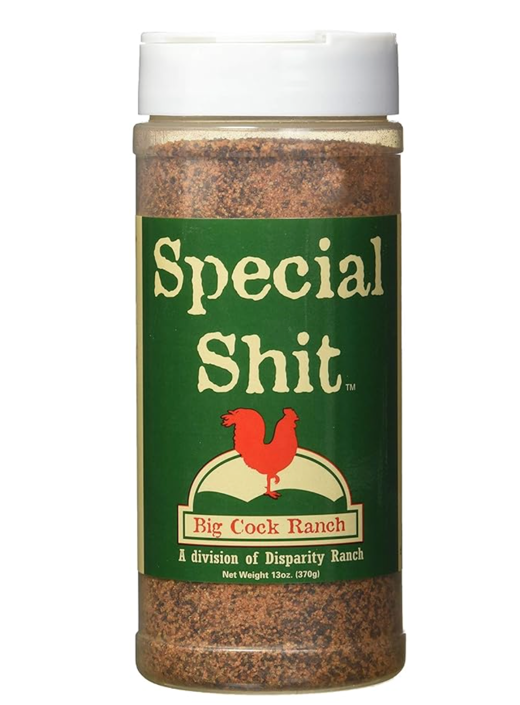 Spice container labeled 'Special Shit' from Big Cock Ranch on a white background