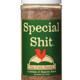 Spice container labeled 'Special Shit' from Big Cock Ranch on a white background