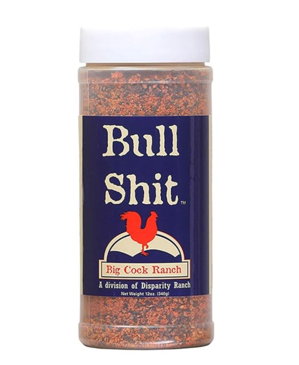 Spice jar labeled 'Bull Shit' with a blue label and red rooster graphic on a white background.