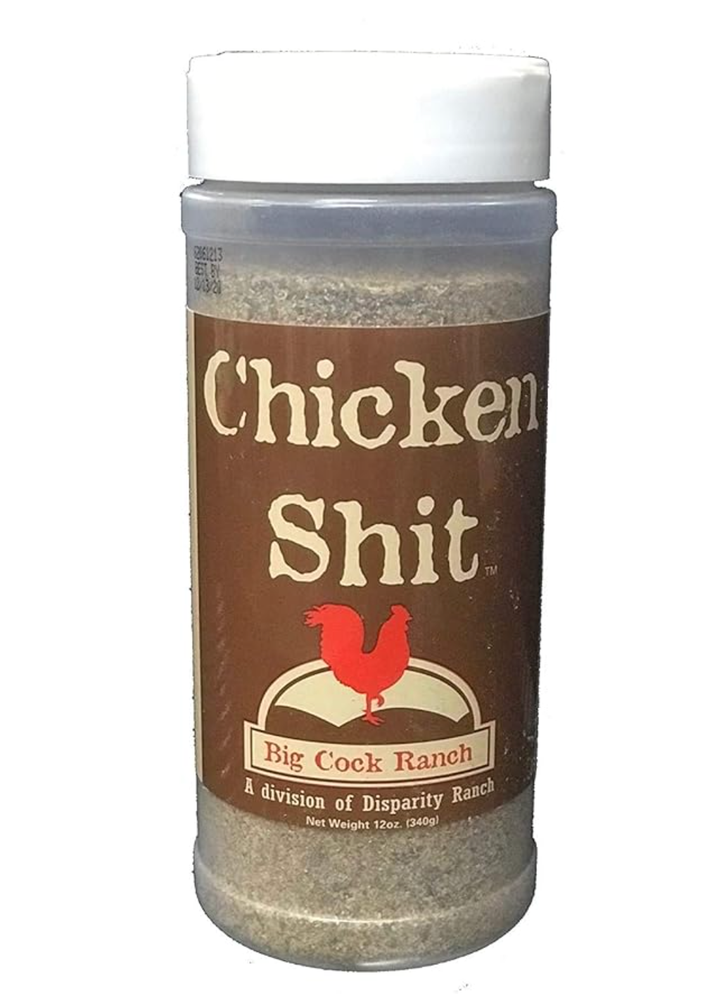 Container labeled 'Chicken Shit' from Big Cock Ranch on a white background