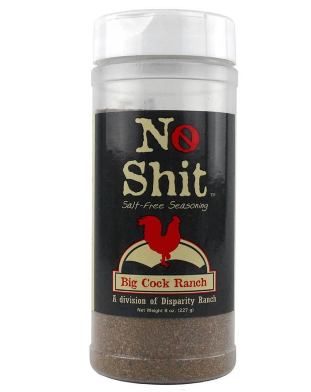 Spice container labeled 'No Shit Big Cock Ranch' on a white background