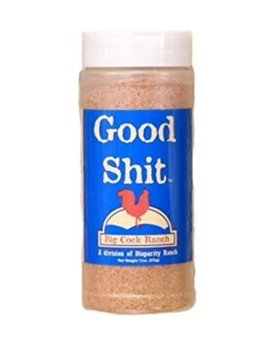 Jar of 'Good Shit' with a blue label and white lid on a white background