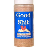 Jar of 'Good Shit' with a blue label and white lid on a white background