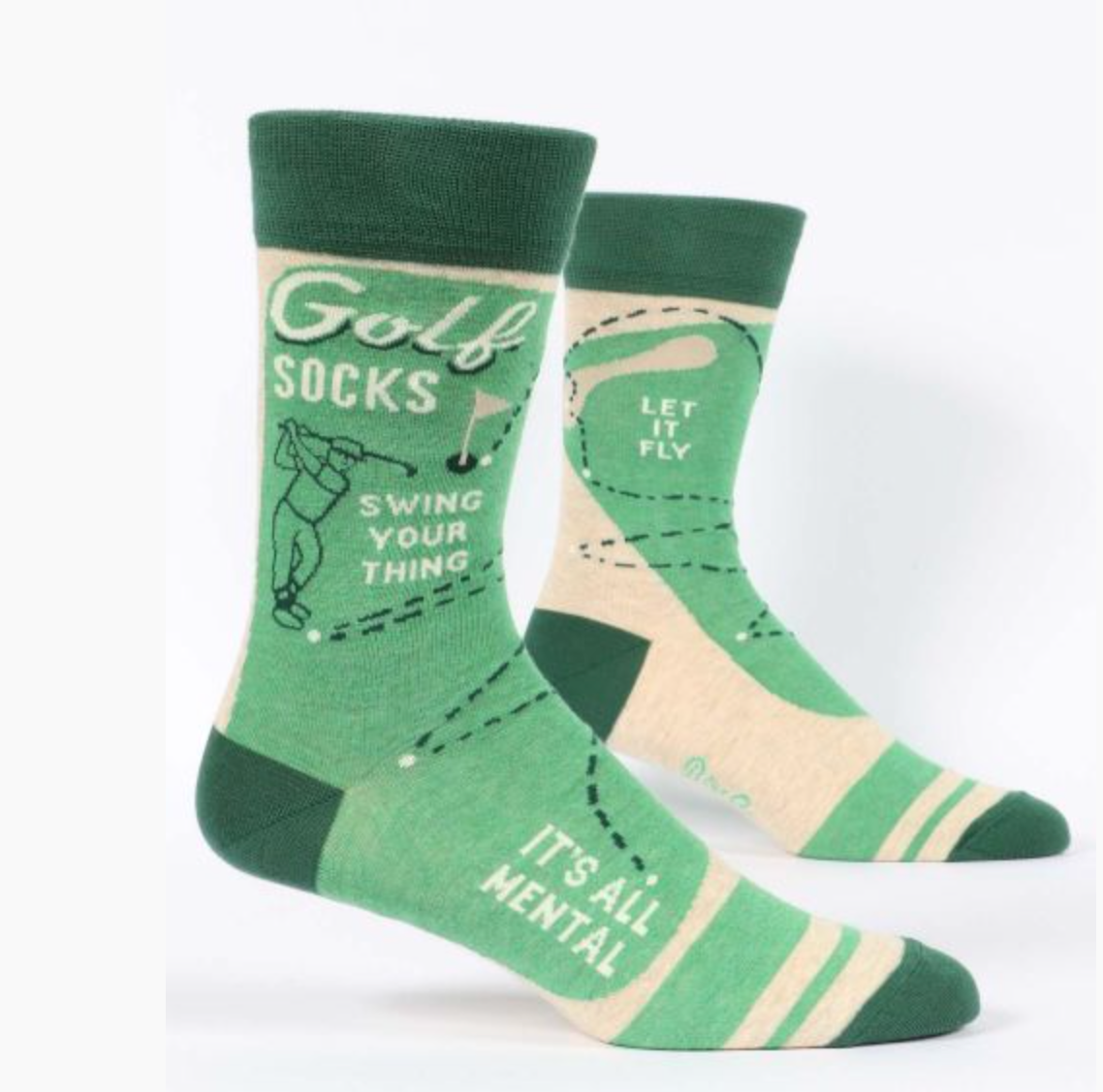 Green golf-themed socks with text and graphics on a white background