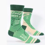 Green golf-themed socks with text and graphics on a white background