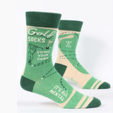 Green golf-themed socks with text and graphics on a white background