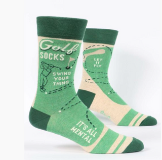 Green golf-themed socks with text and graphics on a white background