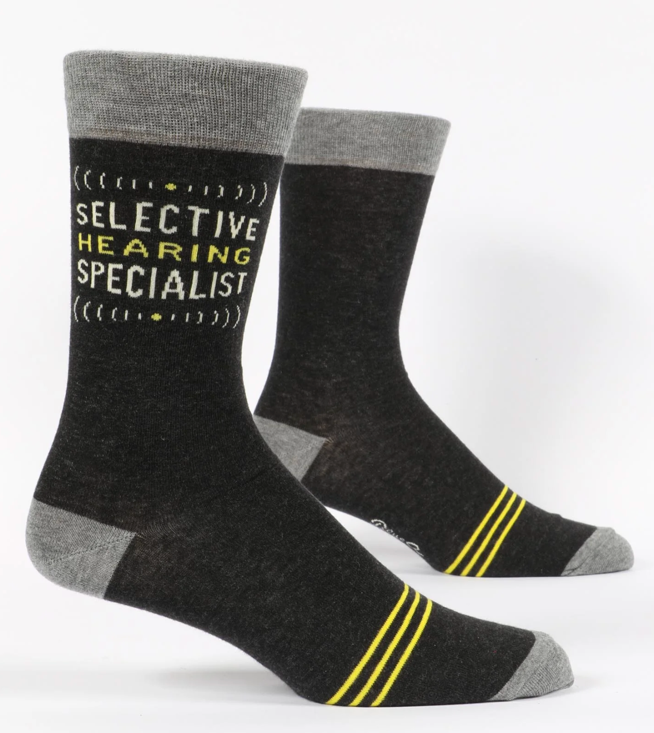 Black socks with gray accents and yellow text on a white background