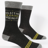 Black socks with gray accents and yellow text on a white background