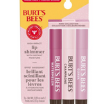Burt's Bees lip shimmer packaging with three lip shimmers on a white background