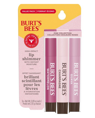 Burt's Bees lip shimmer packaging with three lip shimmers on a white background