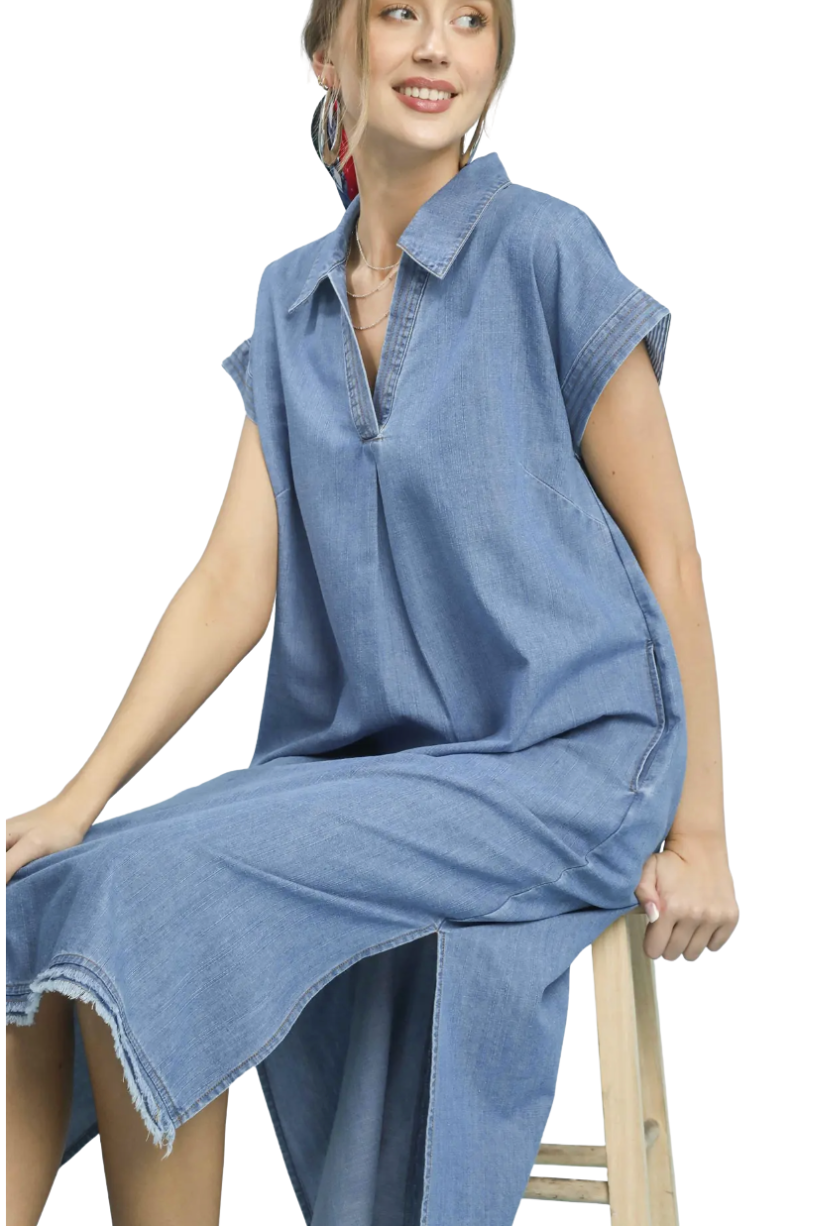 Umgee Dakota Stone Wash Light Denim Midi Dress