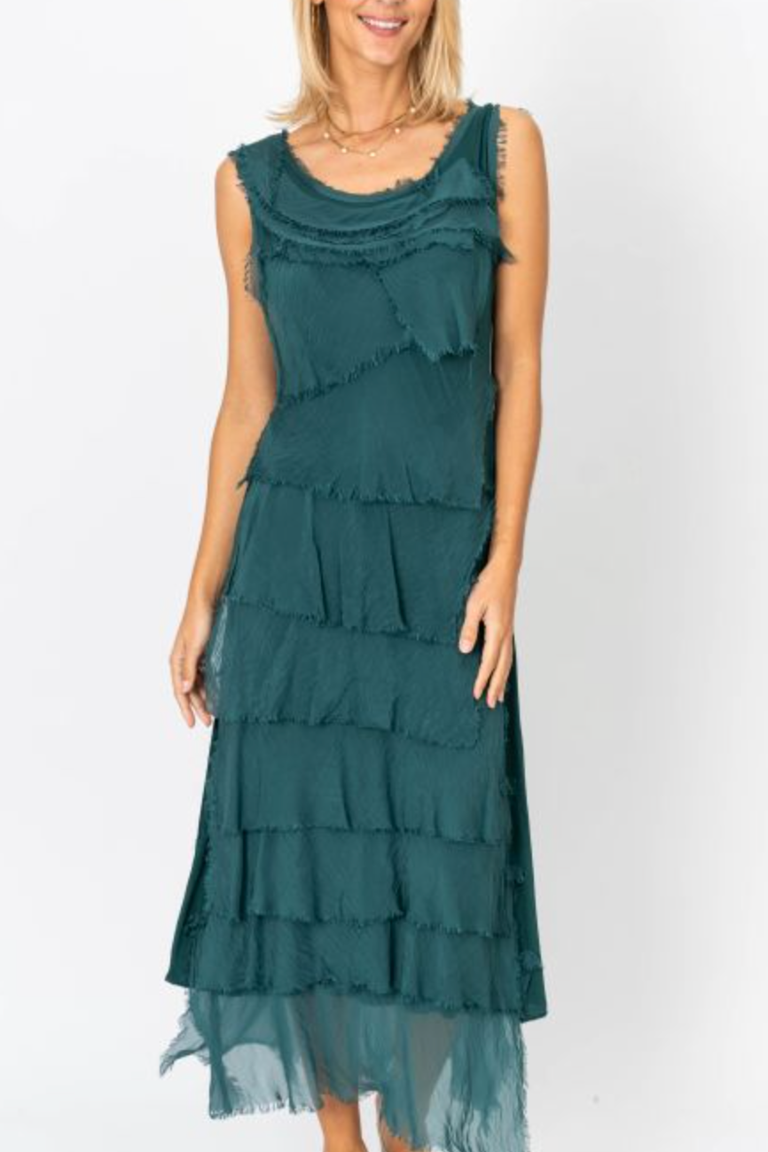 Woman wearing a teal ruffled dress on a white background
