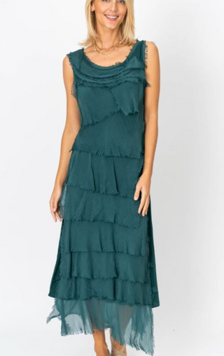 Woman wearing a teal ruffled dress on a white background