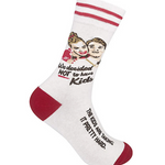 White sock with red accents featuring cartoon characters and text on a white background