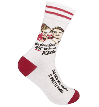 White sock with red accents featuring cartoon characters and text on a white background