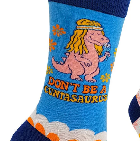 Sock with a cartoon dinosaur holding flowers and text on a blue background