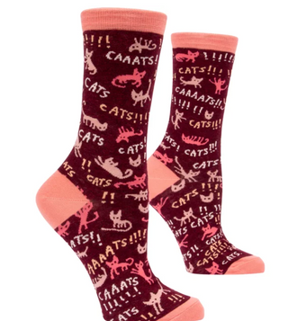 maroon socks with the word cats all over it.
