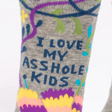 Gray sock with colorful designs and text on a white background