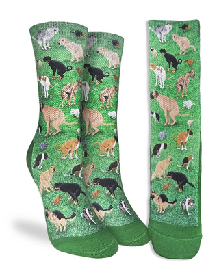 Green socks with dog pattern on a white background