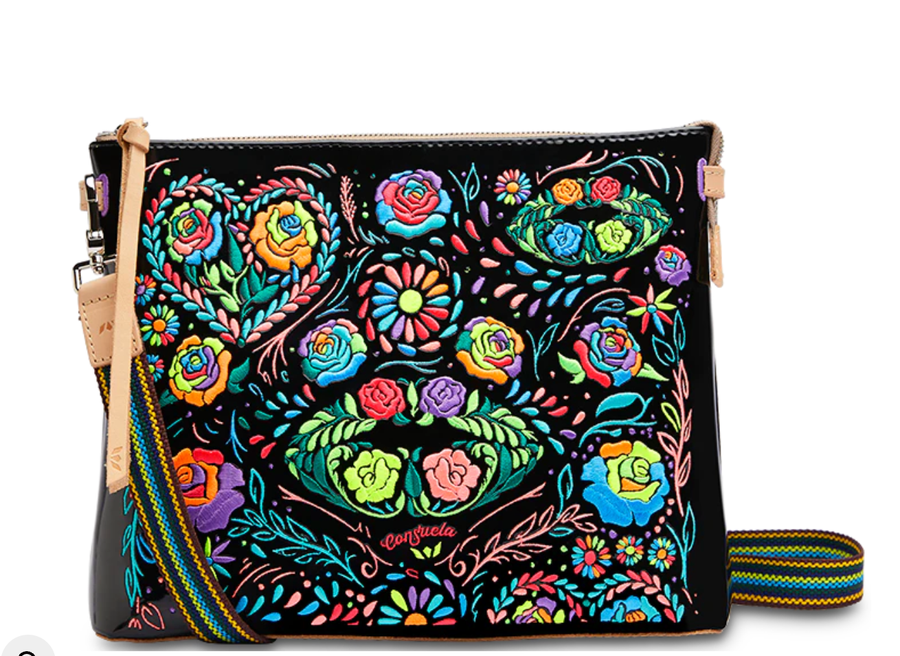 Embroidered downtown consuela bag with strap
