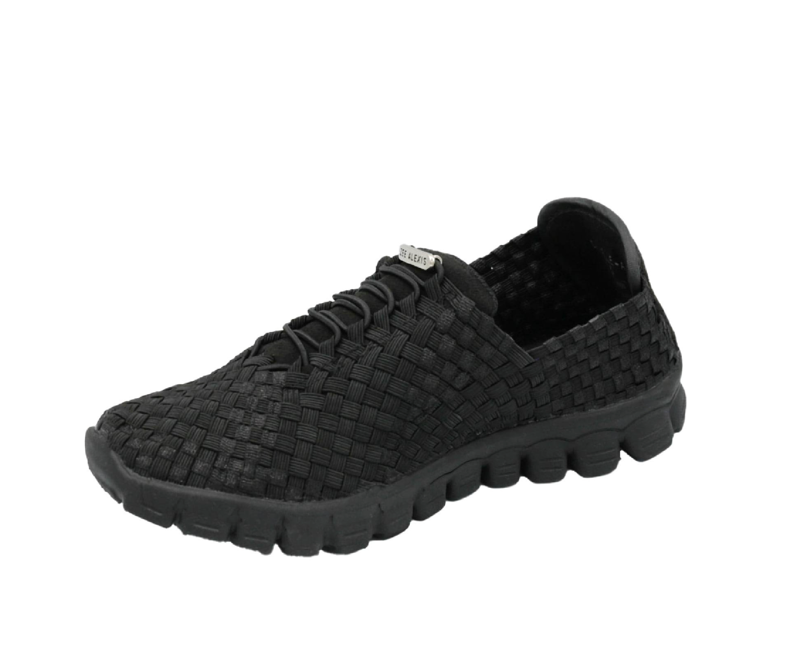 A black woven slip-on shoe with a textured, basket-weave upper and a chunky, treaded sole, shown from a three-quarters angle on a white background.