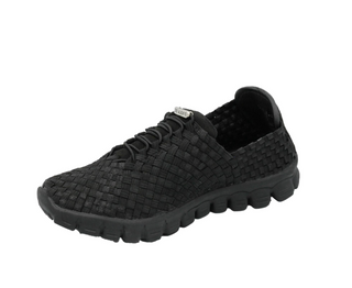 A black woven slip-on shoe with a textured, basket-weave upper and a chunky, treaded sole, shown from a three-quarters angle on a white background.