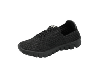 A black slip-on woven shoe with a textured knit upper, black laces, and a chunky black sole, shown from a three-quarters angle on a white background.