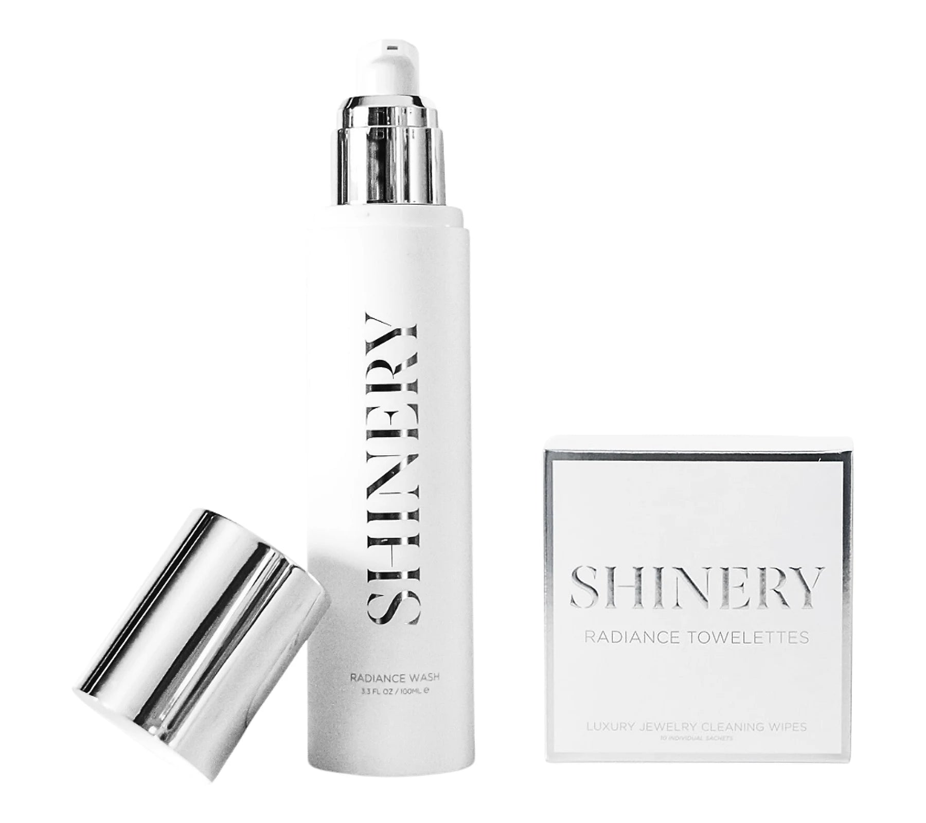 Shiny skincare product with silver cap and 'Shinery' branding on a white background