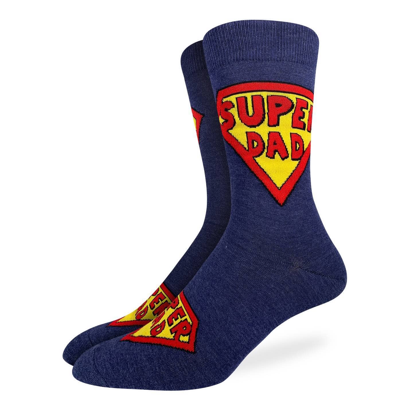Blue socks with 'Super Dad' logo on a white background