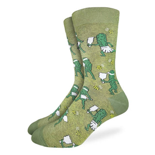 Green socks with frog pattern on a white background