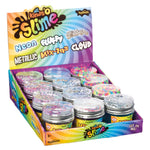 Display box of various slime containers with colorful packaging