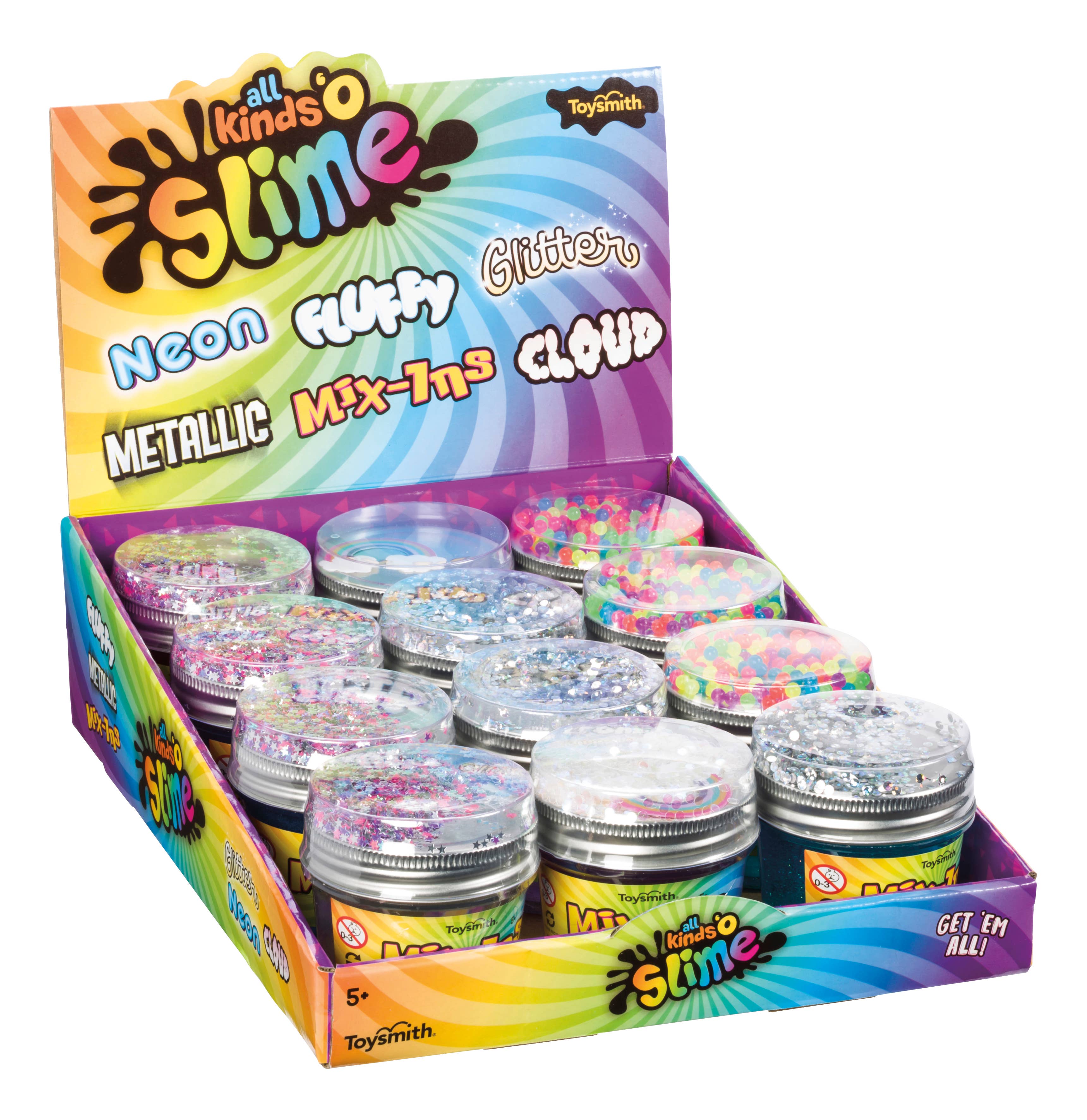 Display box of various slime containers with colorful packaging