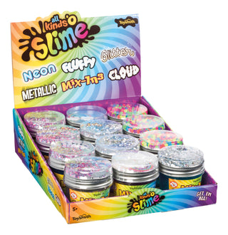 Display box of various slime containers with colorful packaging