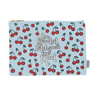 Pouch with cherry pattern and text on a light blue background