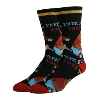 Pair of socks with papa bear design and text on a white background