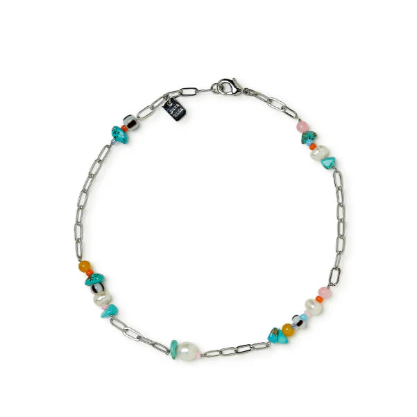 Bracelet with colorful beads on a white background